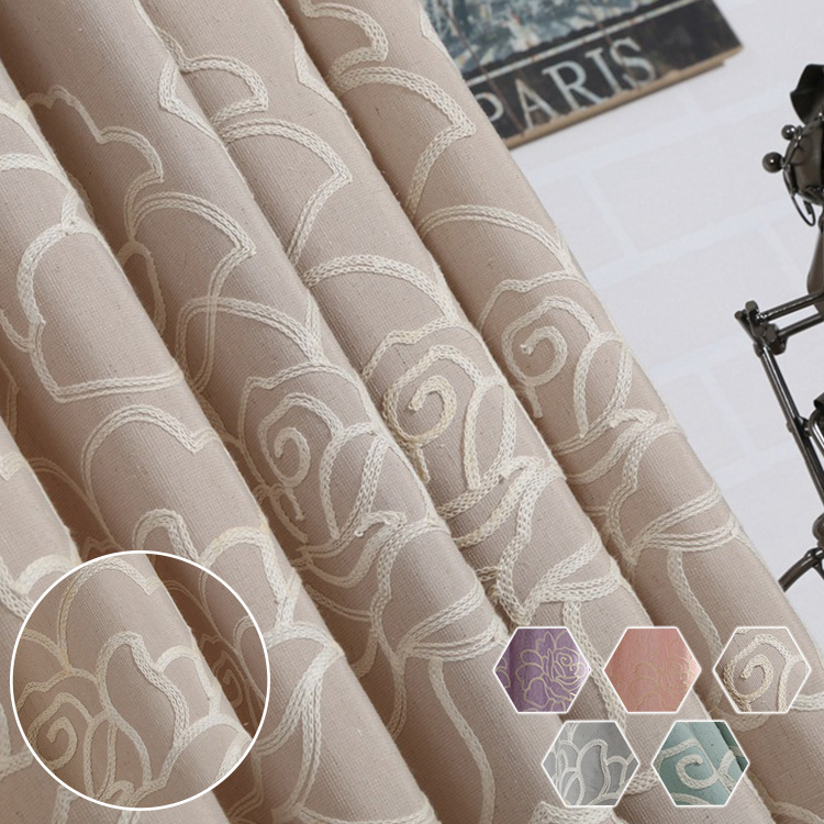 バラの花モチーフの糸刺繍ドレープカーテン